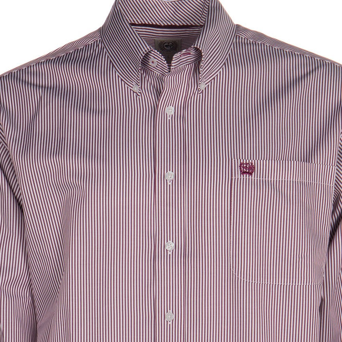 Cinch Mens Burgundy Tencel Stripe Long Sleeve Button-down Shirt
