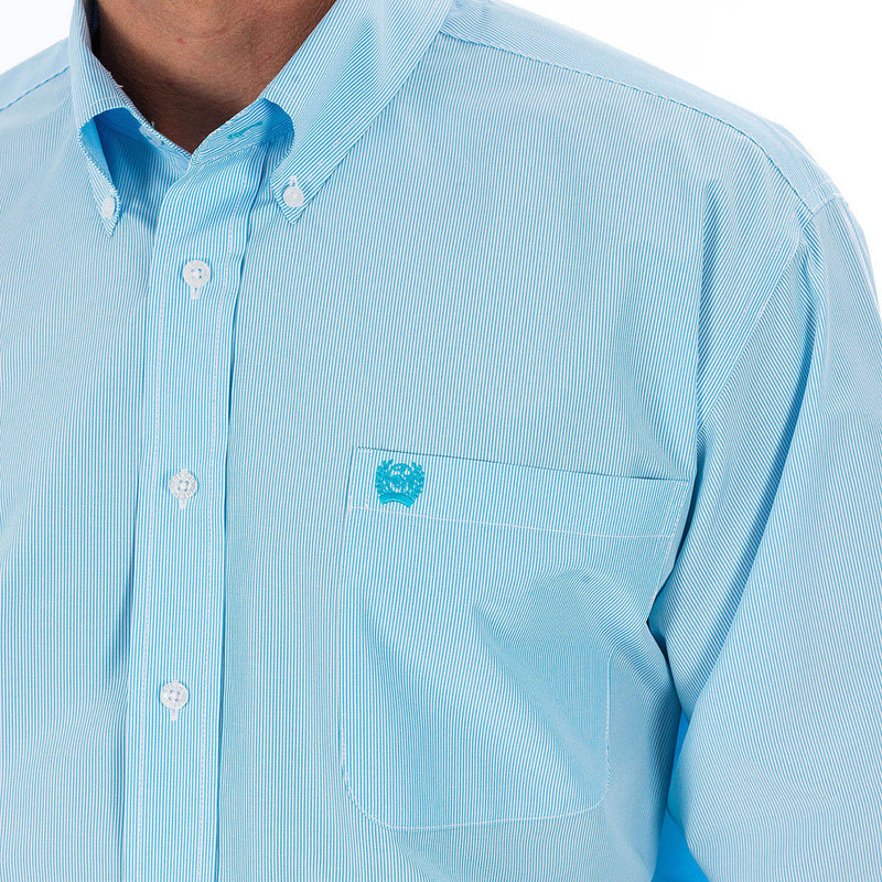 Cinch Mens Light Blue Tencel Stripe Button Shirt