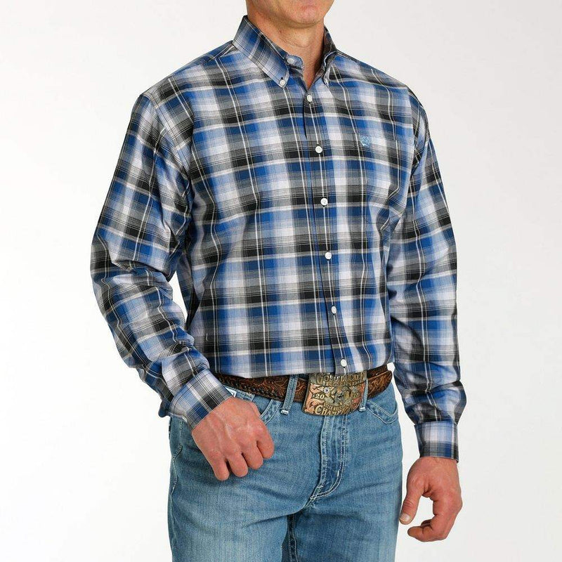 Cinch Men's Light Blue Plaid Long Sleeve Button Down