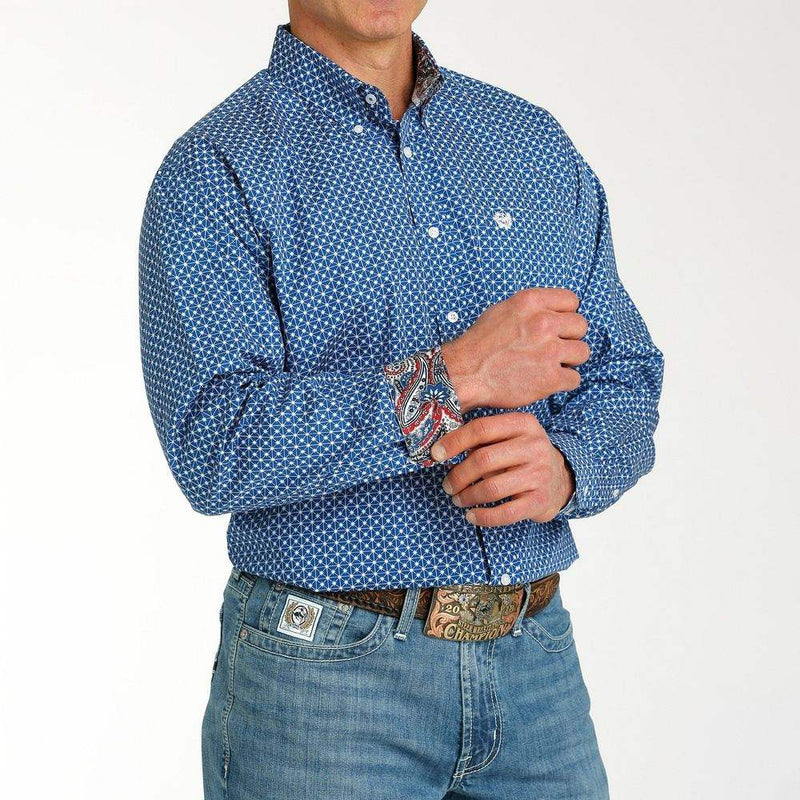 Cinch Men's Blue Printed Long Sleeve Button Down