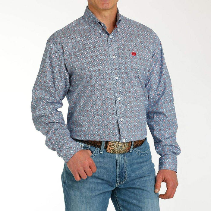 Cinch Men's Blue Printed Long Sleeve Button Down
