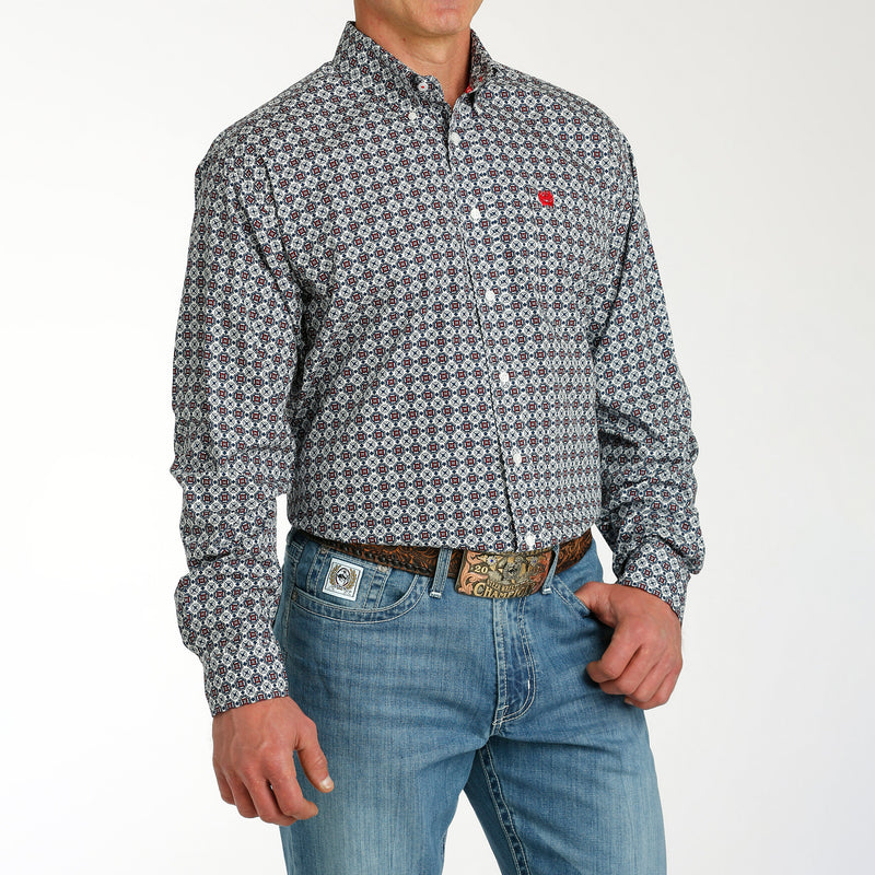 Cinch Men's White Printed Long Sleeve Button Down
