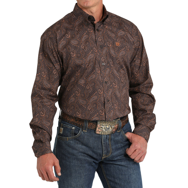 Cinch Mens Brown Paisley Print Long Sleeve Button Down Shirt