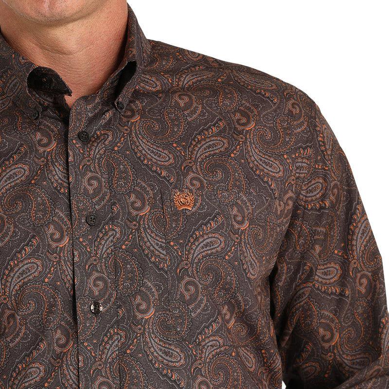Cinch Mens Brown Paisley Print Long Sleeve Button Down Shirt