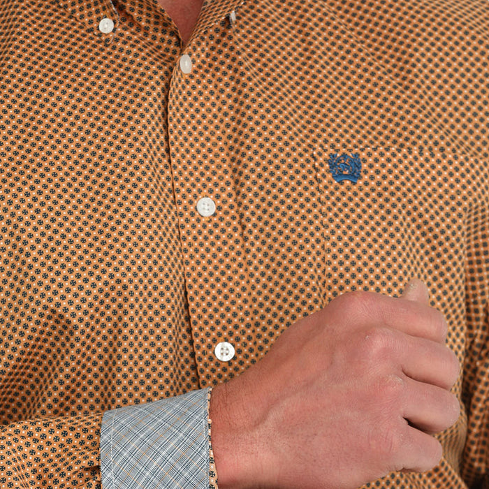 Cinch Mens Orange Print Classic Fit Long Sleeve Button Down Shirt