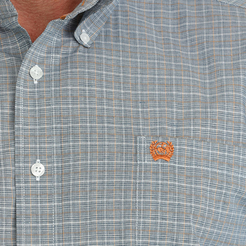 Cinch Mens White/Blue Plaid Classic Fit Long Sleeve Button Down Shirt