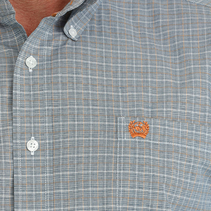 Cinch Mens White/Blue Plaid Classic Fit Long Sleeve Button Down Shirt