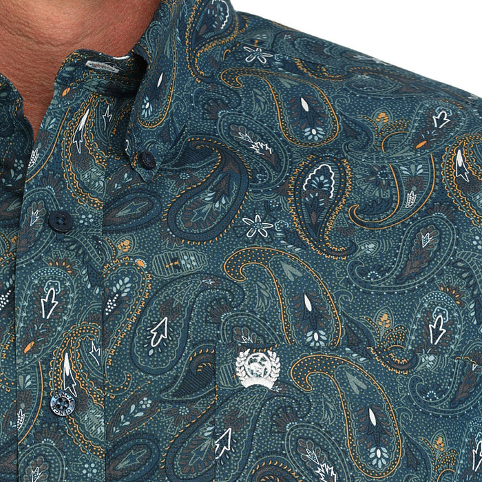 Cinch Mens Blue Paisley Print Classic Fit Long Sleeve Button Down Shirt