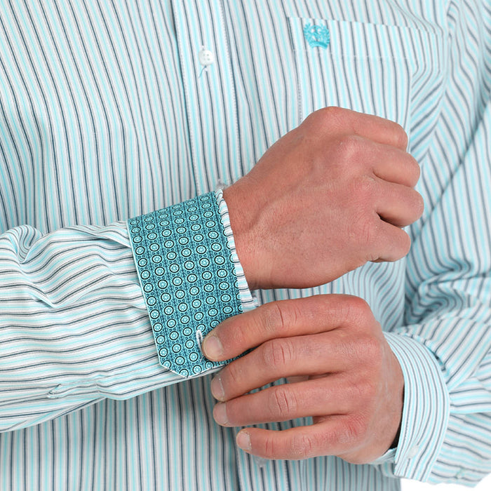 Cinch Mens White Stripe Tencel Long Sleeve Button Down Shirt
