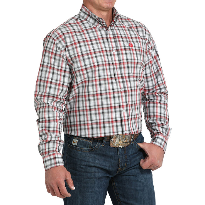 Cinch Men's Grey & Red Plaid Print Shirt