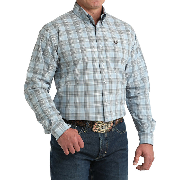 Cinch Men's Light Blue Long Sleeve Button Plaid Shirt