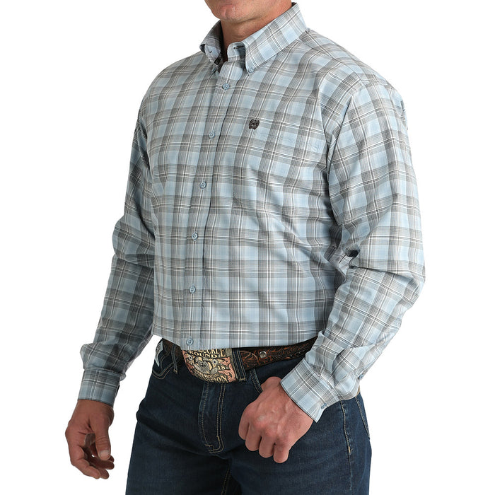 Cinch Men's Light Blue Long Sleeve Button Plaid Shirt