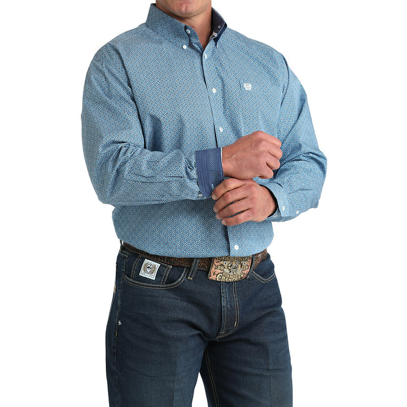 Cinch Men's Blue Print Long Sleeve Button Shirt