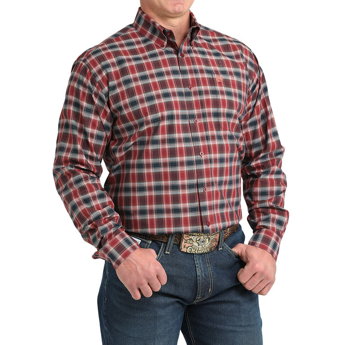 Cinch Men's Burgundy Plaid Long Sleeve Button Shirt