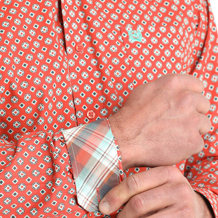 Cinch Men's Red Geometric Print Long Sleeve Shirt