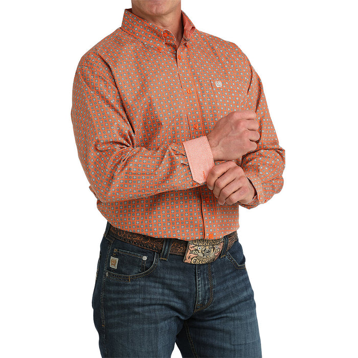 Cinch Men's White Orange Square Print Shirt