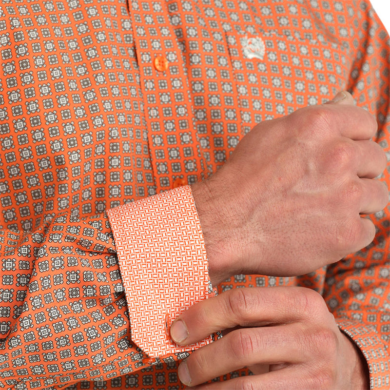 Cinch Men's White Orange Square Print Shirt