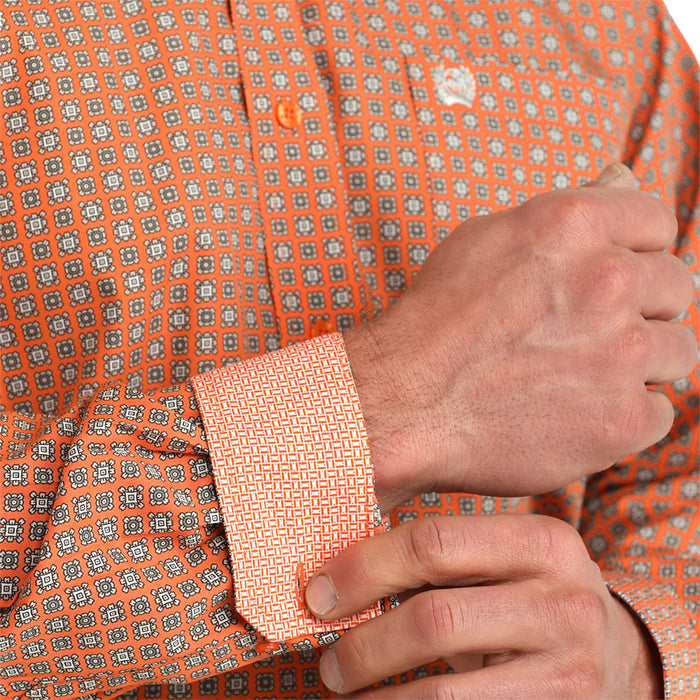 Cinch Men's White Orange Square Print Shirt