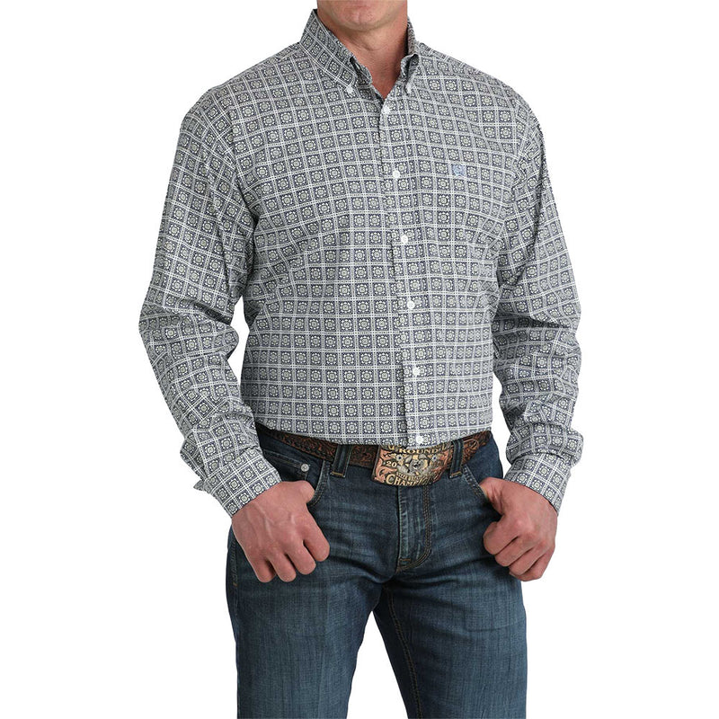 Cinch Men's White with Navy Square Print Shirt