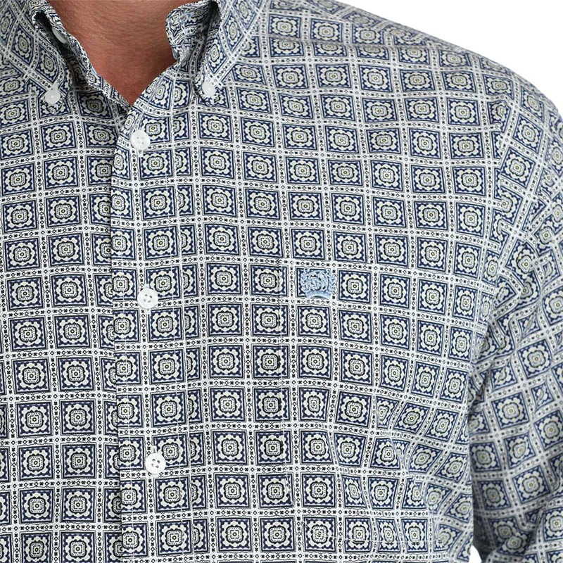 Cinch Men's White with Navy Square Print Shirt