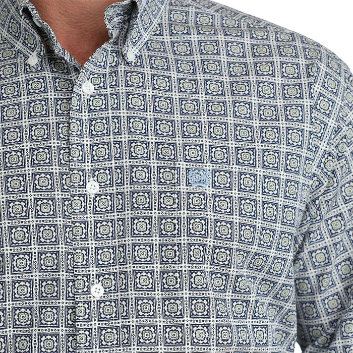 Cinch Men's White with Navy Square Print Shirt