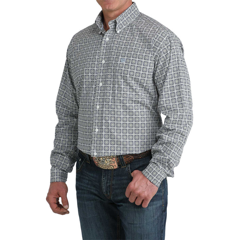 Cinch Men's White with Navy Square Print Shirt