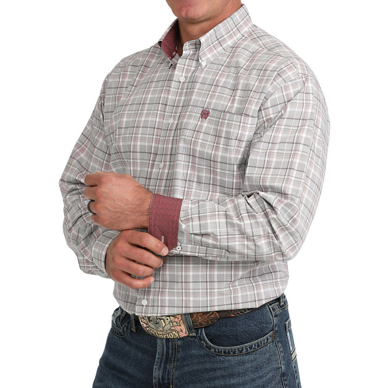 Cinch Men's White Plaid Printed Long Sleeve Shirt
