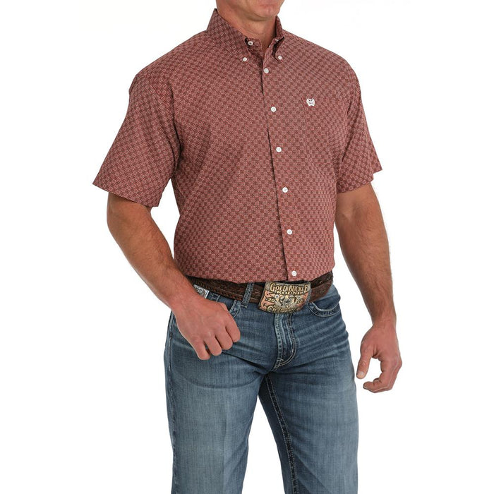 Cinch Mens Red Print Classic Short Sleeve Button Down Shirt