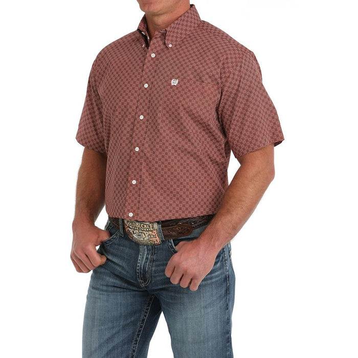 Cinch Mens Red Print Classic Short Sleeve Button Down Shirt
