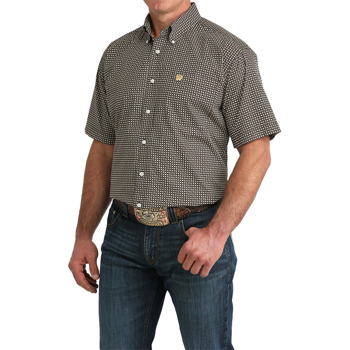 Cinch Men's White Brown Print Short Sleeve Shirt