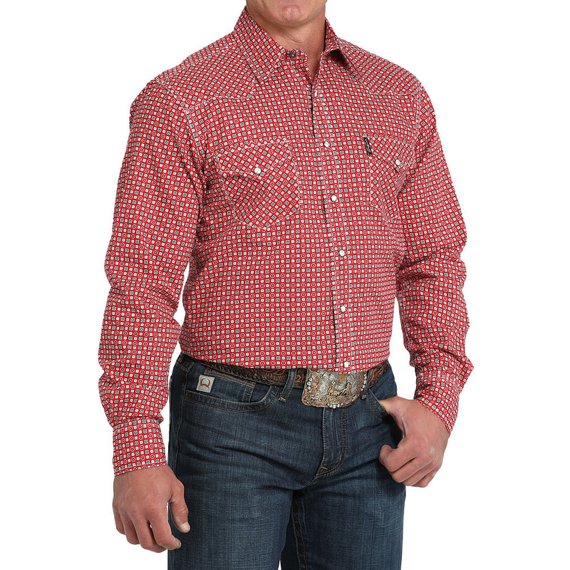 Cinch Men's Red Square Print Modern Fit Shirt