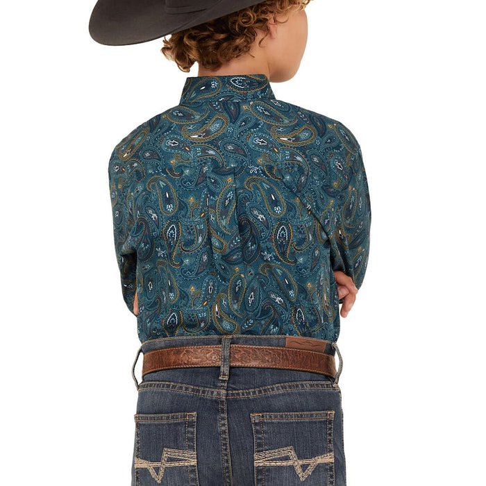 Cinch Boy's Blue Paisley Print Long Sleeve Button Down Shirt