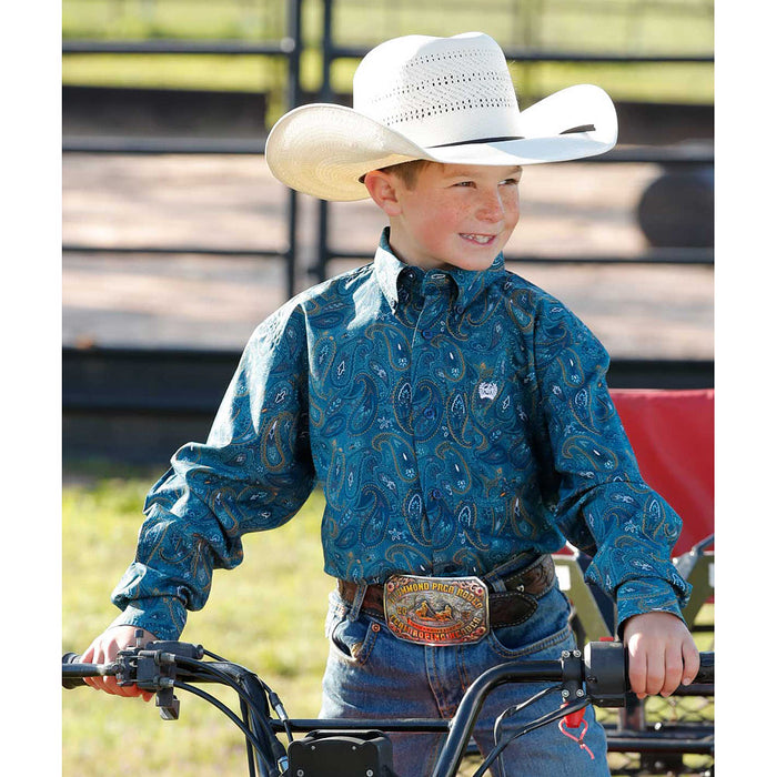 Cinch Boy's Blue Paisley Print Long Sleeve Button Down Shirt