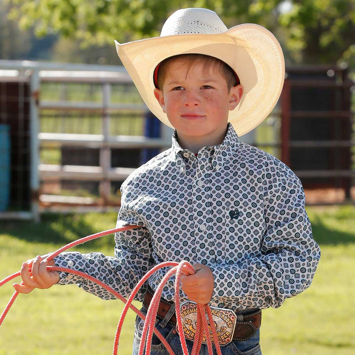 Cinch Boy's Cream Print Long Sleeve Button Down Shirt
