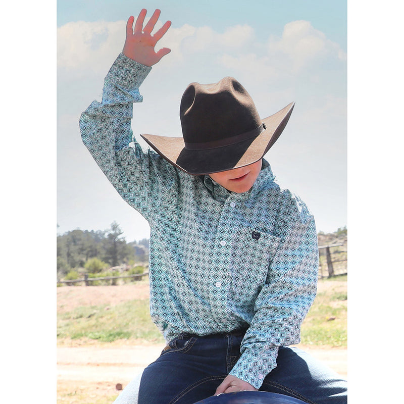 Cinch Boy's Turquoise Print Long Sleeve Button Shirt