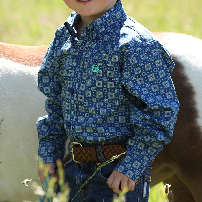 Cinch Boy's Infant Blue Print Long Sleeve Button Shirt