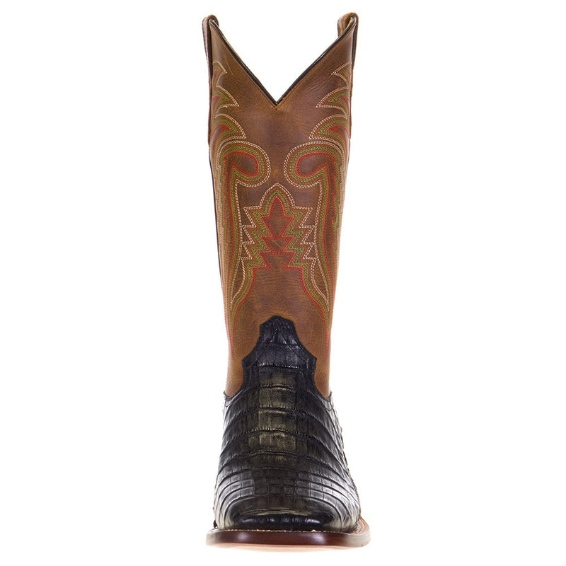 R Watson Boots Men's Black Caiman Tail 13in. Mad Dog Tan Top Boots
