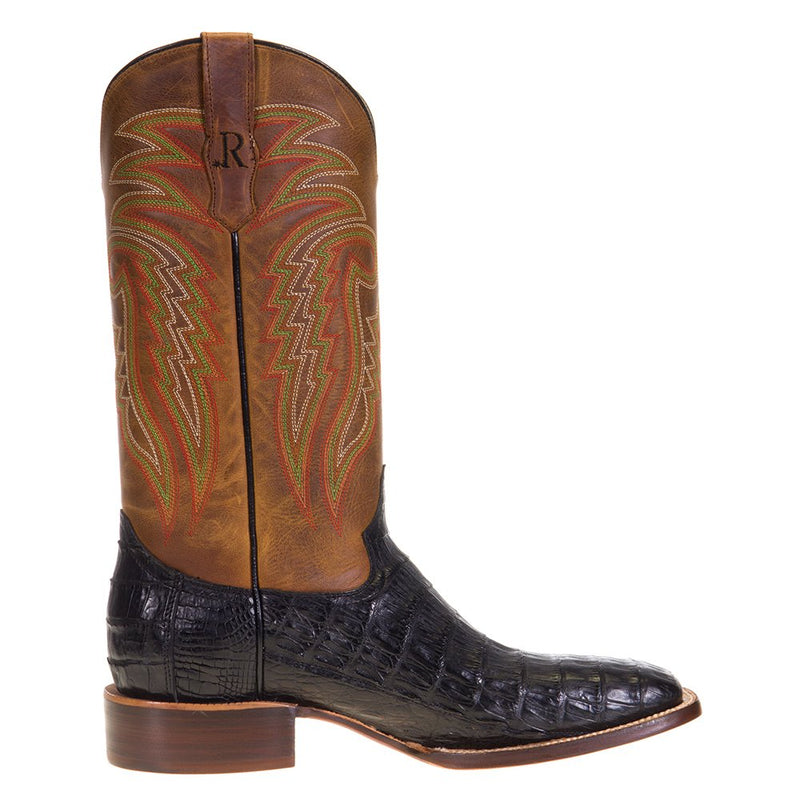 R Watson Boots Men's Black Caiman Tail 13in. Mad Dog Tan Top Boots