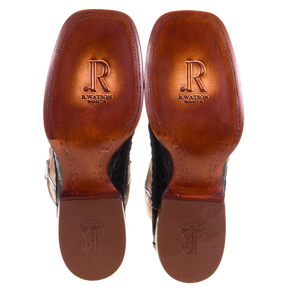 R Watson Boots Men's Black Caiman Tail 13in. Mad Dog Tan Top Boots