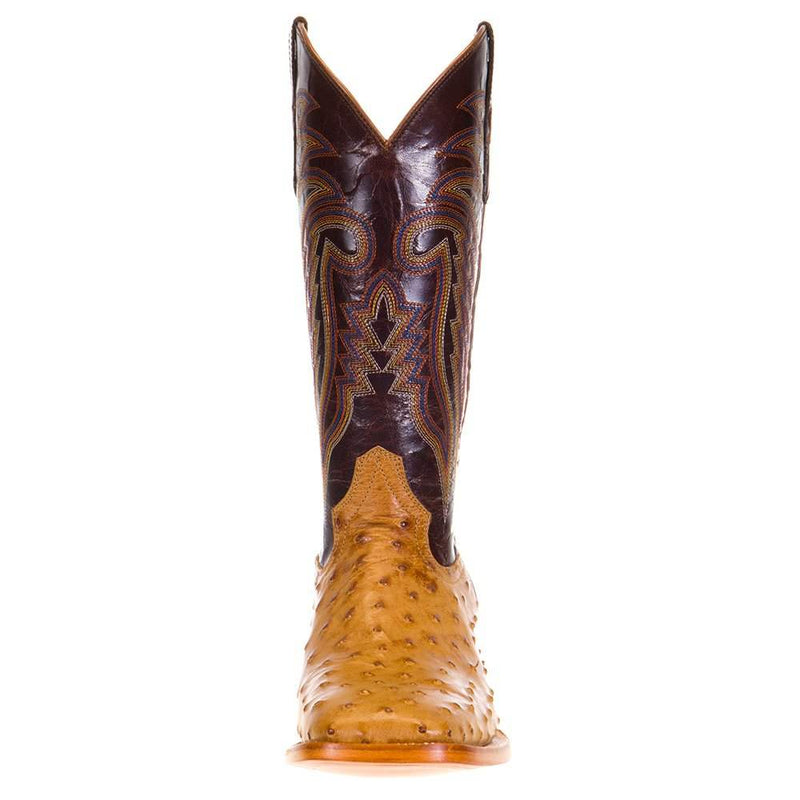 R Watson Boots Men's Antique Saddle Full Quill Ostrich 13in. Volcano Brass Goat Top Boot