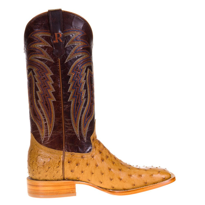 R Watson Boots Men's Antique Saddle Full Quill Ostrich 13in. Volcano Brass Goat Top Boot
