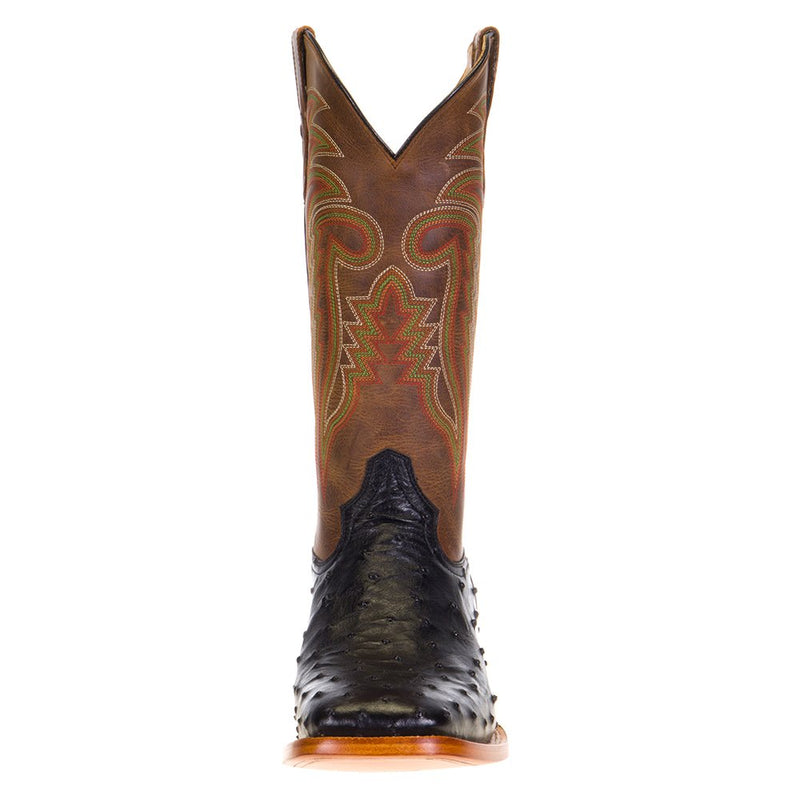 R Watson Boots Men's Black Full Quill Ostrich 13in. Mad Dog Tan Cowhide Top Boots