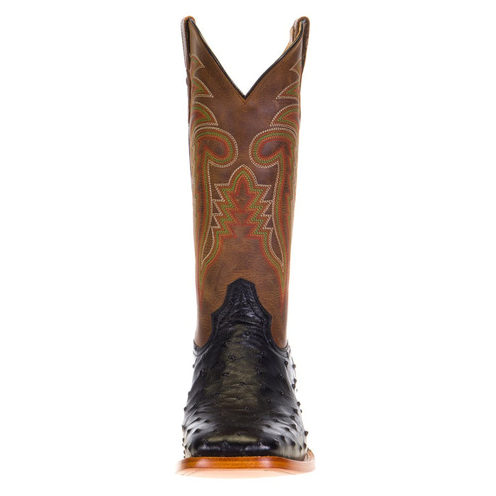 R Watson Boots Men's Black Full Quill Ostrich 13in. Mad Dog Tan Cowhide Top Boots