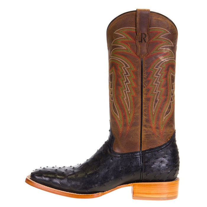 R Watson Boots Men's Black Full Quill Ostrich 13in. Mad Dog Tan Cowhide Top Boots
