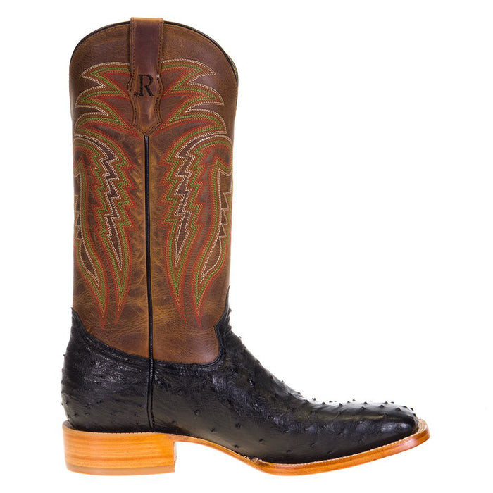 R Watson Boots Men's Black Full Quill Ostrich 13in. Mad Dog Tan Cowhide Top Boots
