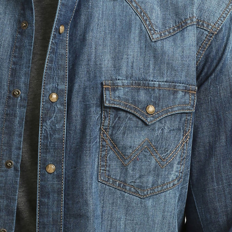 Wrangler Mens Retro Premium Blue Denim Long Sleeve Snap Shirt