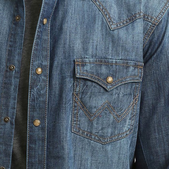 Wrangler Mens Retro Premium Blue Denim Long Sleeve Snap Shirt
