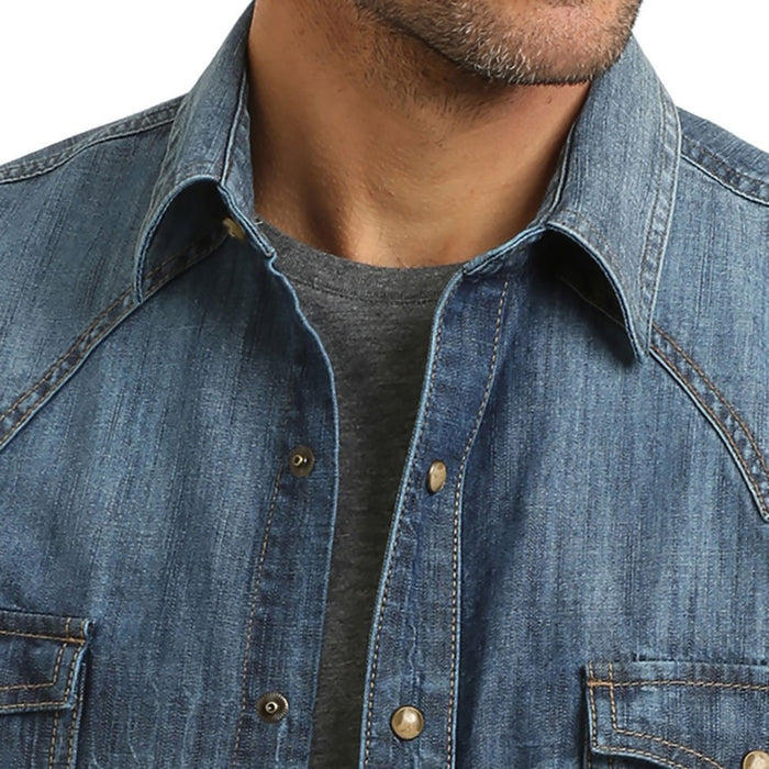 Wrangler Mens Retro Premium Blue Denim Long Sleeve Snap Shirt