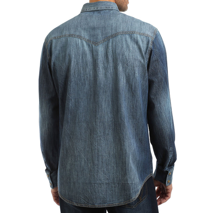 Wrangler Mens Retro Premium Blue Denim Long Sleeve Snap Shirt
