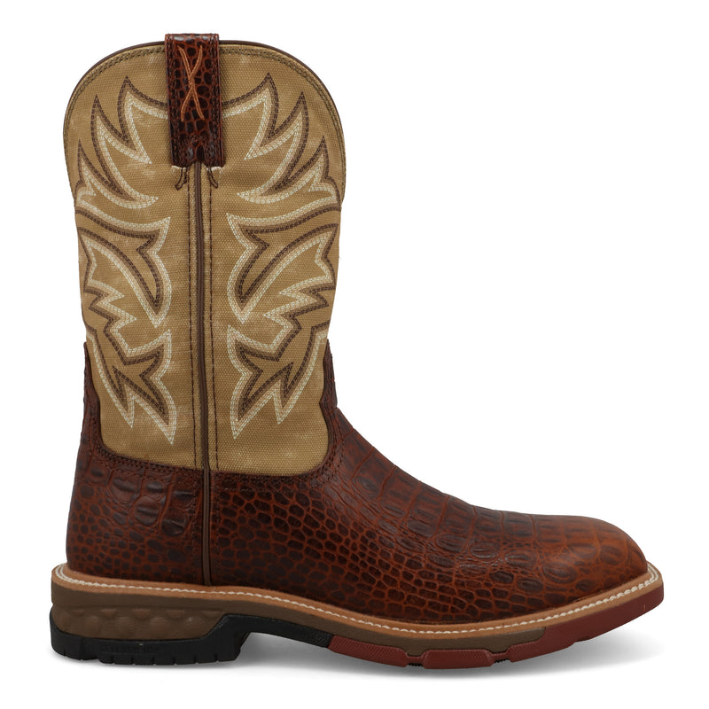 Twisted X Men`s Brown Caiman Print Vamp Alloy Square Toe 11In Top Work Boot